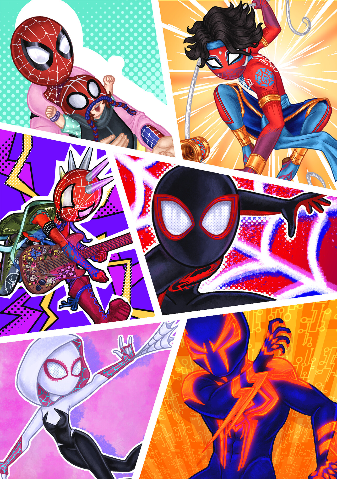 Ilustração autoral de múltipolos personagens de Spiderverse da Marvel
